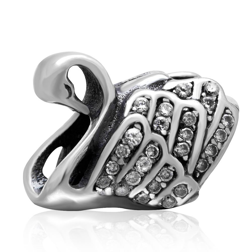 YiRong Jewelry Fairy Swan Charm with Crystal 925 Sterling Silver Animal Bead Love Charm for Pandora Charms
