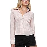 Women Y2K Button Down Shirt Long Sleeve Lapel Collar Plaid Print Fitted Crop Top Vintage Gingham Blouse Streetwear