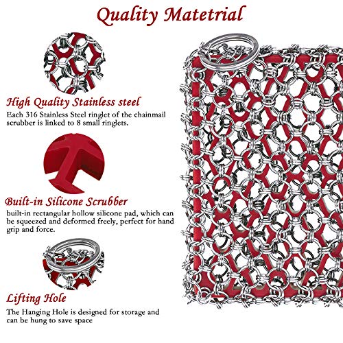 Cast Iron Skillet Cleaner Brush,Premium 316L Stainless Steel Chainmail Cleaning Scrubber Set with Silicone Insert,Kitchen Brush for Sink,Pot, Pan, Pre-Seasoned Pan,Dutch Ovens Waffle Pans Scraper