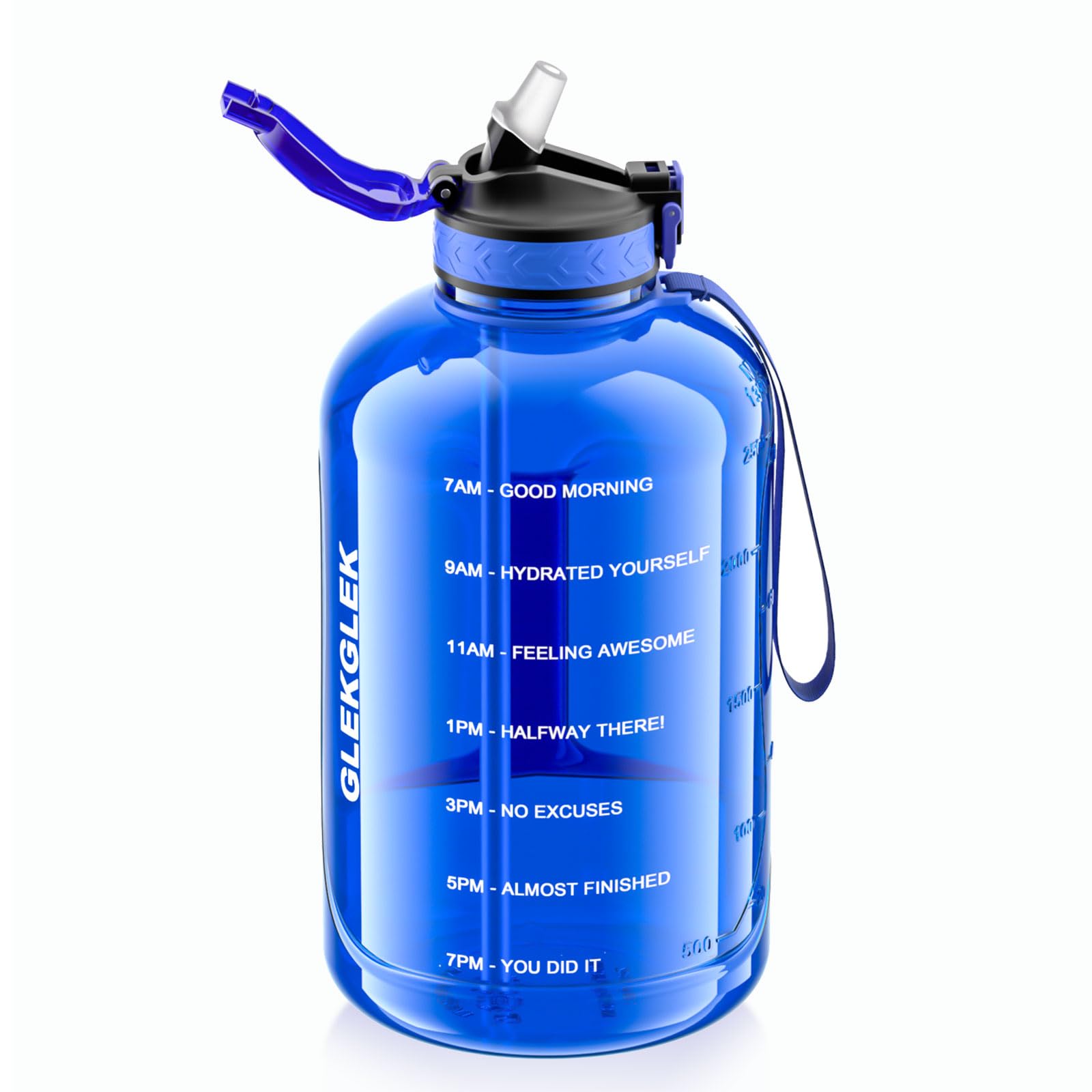 GLEKGLEK Sports Water Bottle with Handle BPA Free Time Markings Durable Large Gym Jug 3000ml with Cover Straw for Man Woman (Blue)