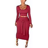 FANDEE 2 piece skirt sets for women, Long Sleeves round neck top and High Waisted Midi Skirt, womens set for Valentine's,Homecoming,red,M