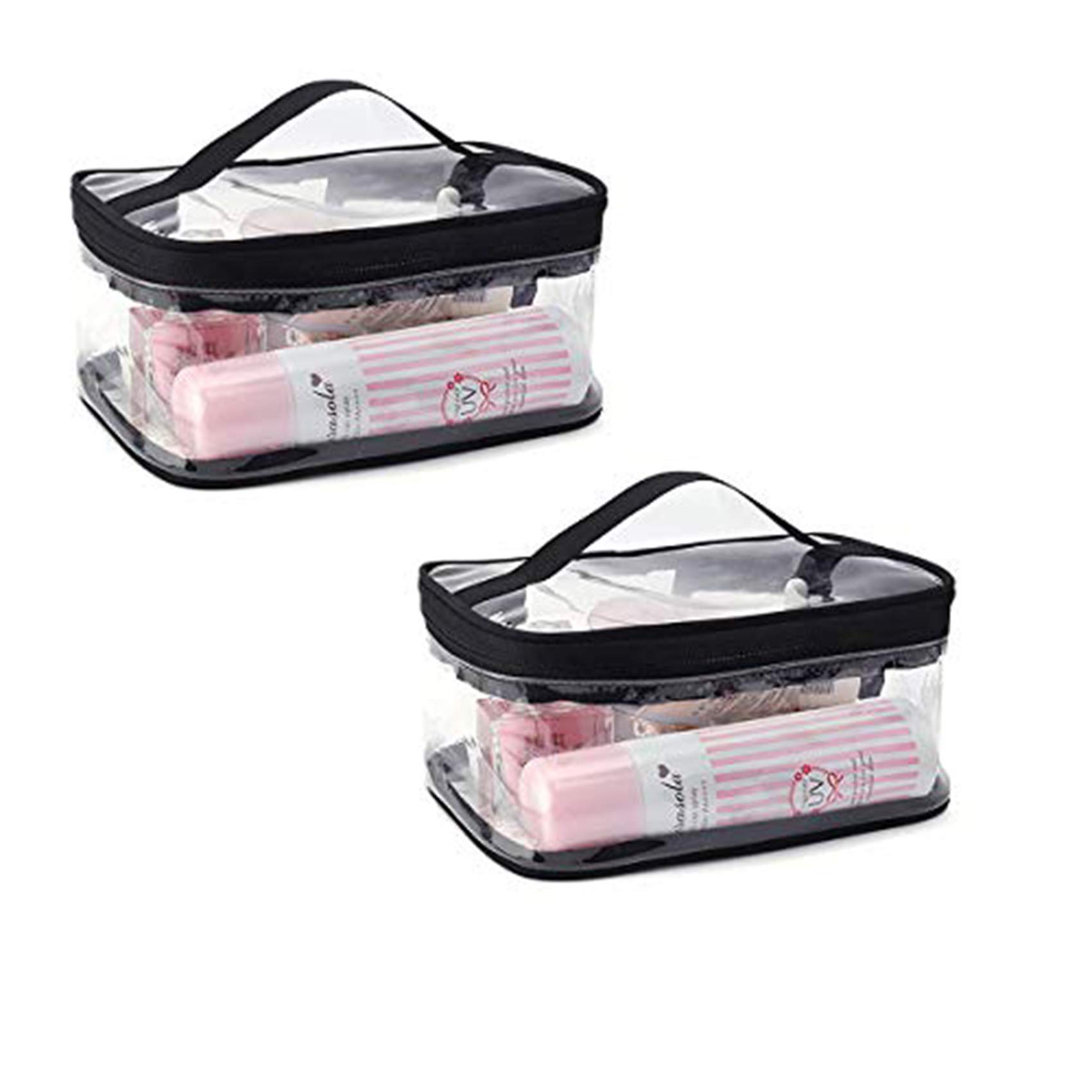 Enkrio Toiletry Bag Waterproof Clear Makeup Bag 2 PCS Transparent PVC Travel Cosmetic Handbag with Zipper and Handle for Business Travel (Black)