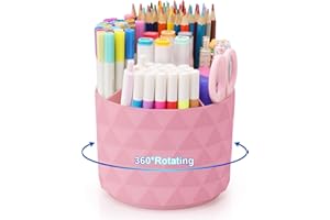 Nuozme Desk Organizer, 360-Degree Rotating Pencil Pen Holders For Desk, Diamond Pattern Pen Organizer With 5 Compartments, Cute Desk Accessories Decor For Office, School,Home,Art Supply (Pink)
