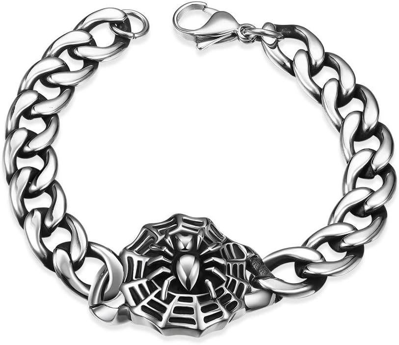 TIZIKJ Charm Stainless Steel Bracelet for Men Spider Bracelet Tibetan Silver Punk Charm Cuff Bangles