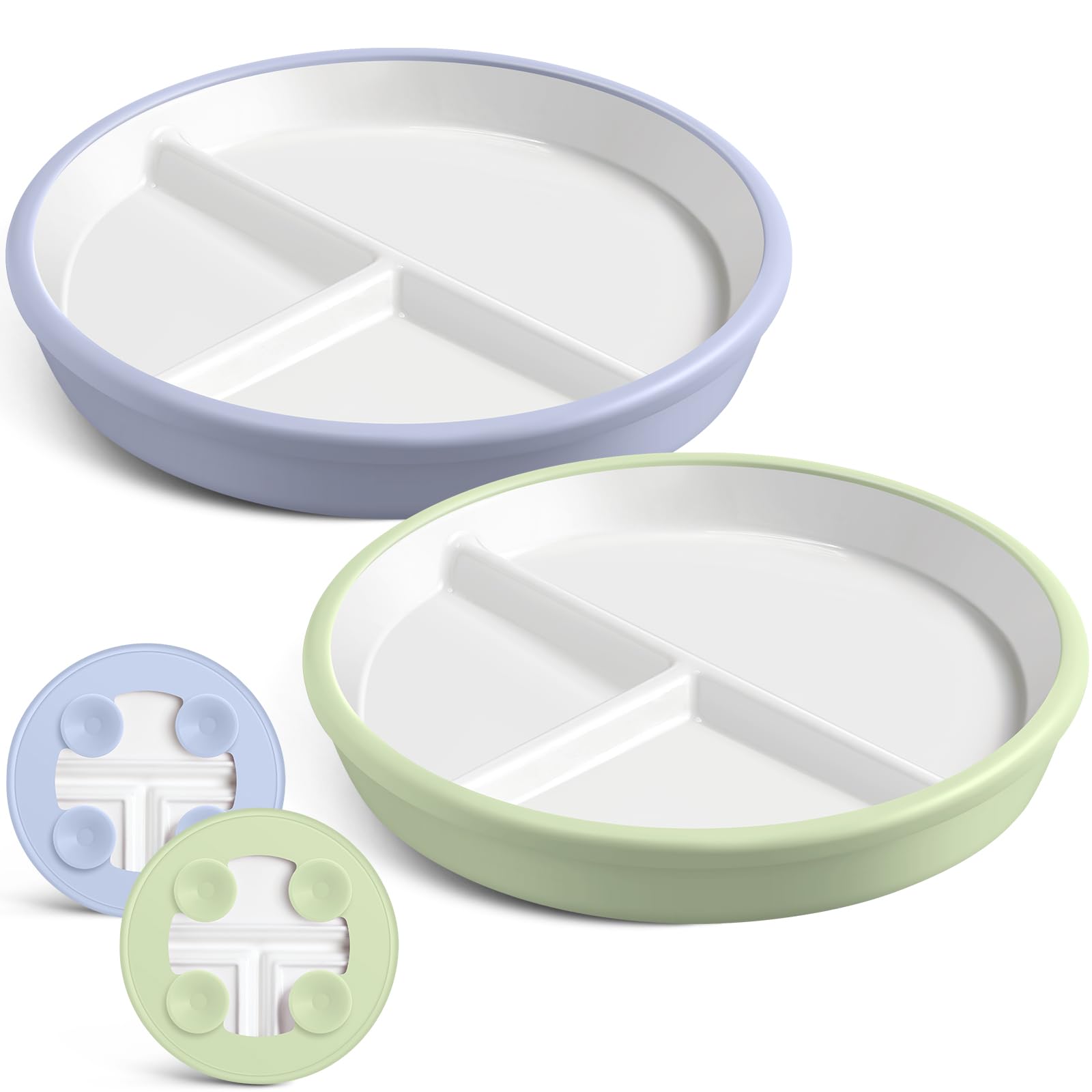 Photo 1 of Domensi 2 Pcs 8" Large Porcelain Kids Plates with Anti-slip Silicone Sleeve Ceramic Divided Plate with Suction for Toddler Eating Microwave Dishwasher Friendly (Blue,Green)