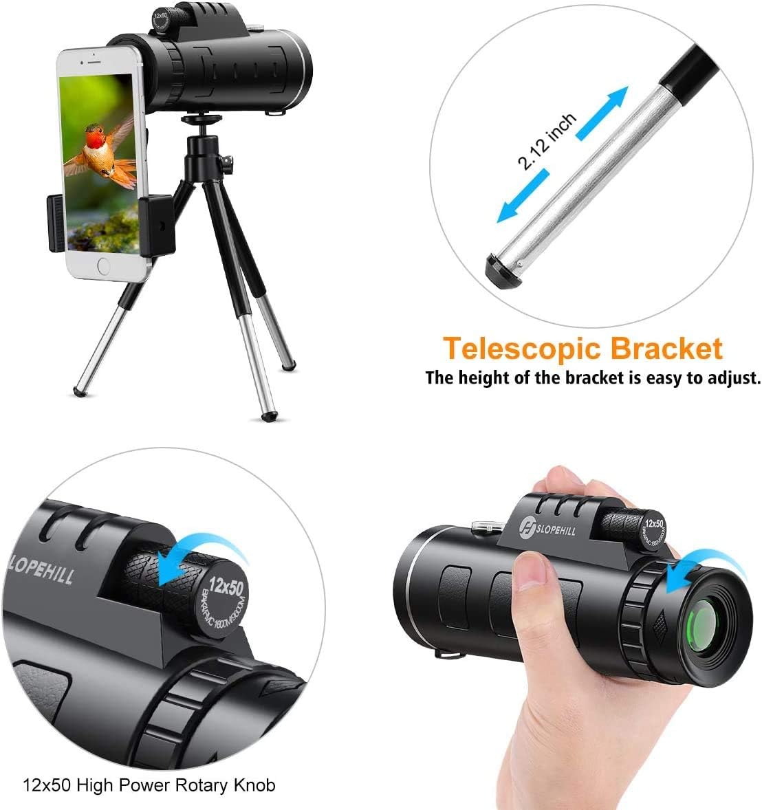 Monocular Telescope - 12X50 High Definition FMC BAK4 【HD Monocular for Bird Watching】 with Smartphone Holder & Tripod IPX7 Waterproof & Eco-Friendly Materials for Camping Travelling Hunting (Black) : Camera & Photo