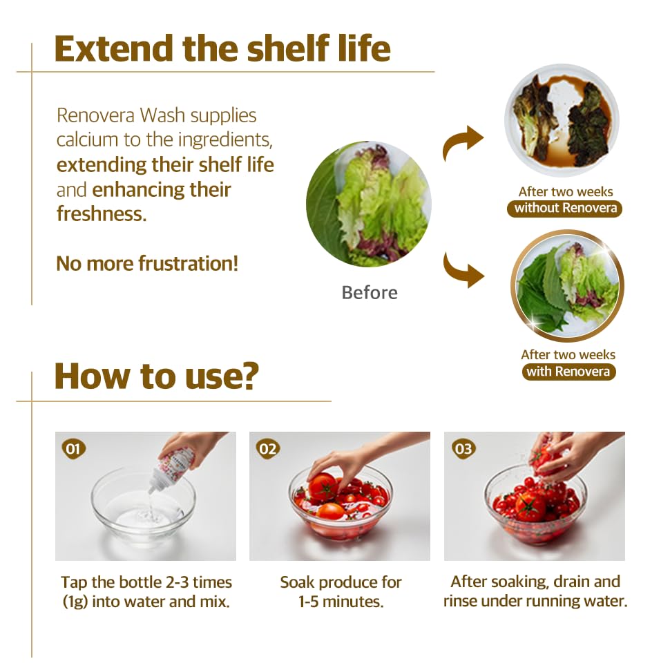 Renovera Fruit & Vegetable Wash for Babies | 1 Bottle Lasts 1 Year, Single Ingredient, Removes Residues, Calcium Helps Keep Produce Fresh 20x Longer