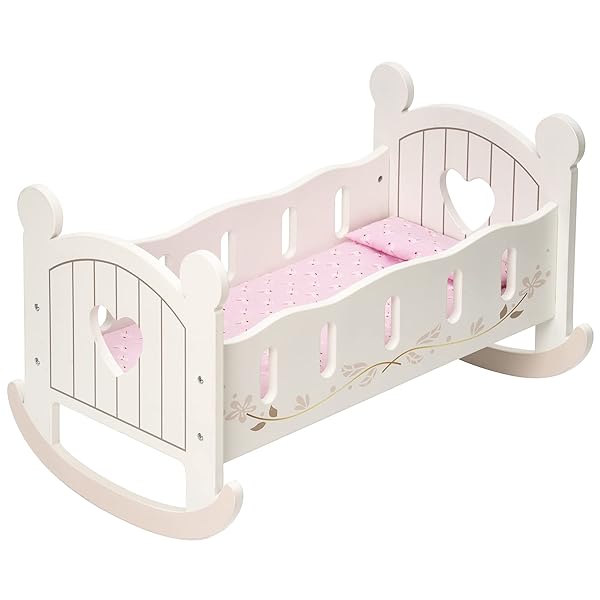 ROBOTIME WOODEN PLAY DOLL CRADLE ROCKING BABY DOLL CRIB, REVERSIBLE DOLL BEDDING FOR TODDLER GIRL,FITS DOLLS UP TO 20 INCHES (WHITE)