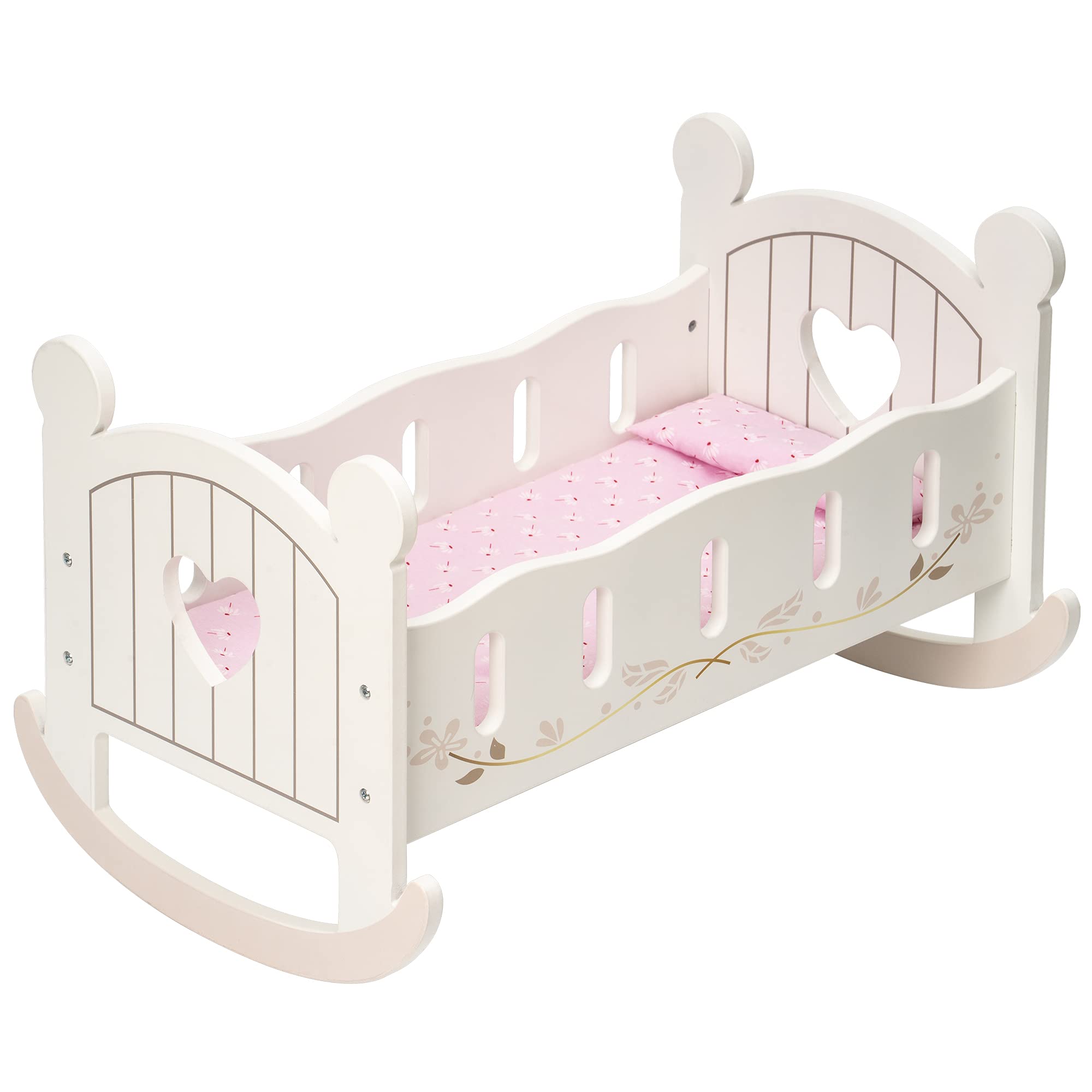 ROBOTIME Wooden Play Doll Cradle Rocking Baby Doll Crib, Reversible Doll Bedding for Toddler Girl,Fits Dolls Up to 20 Inches (White)