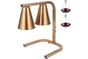 Restlrious Food Heat Lamp Freestanding Commercial Dual Head Food Warmer, Gold Frame Stainless Steel 120V Electric Fan-Shaped Lampshade Food Heat Lamp with 250W Red Bulbs, for Buffet Food Service