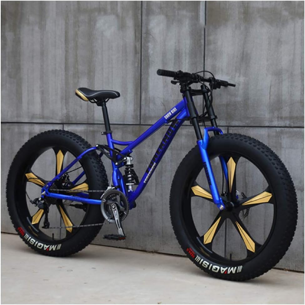 NENGGE Mountain Bikes, 26 Inch Fat Tire Hardtail Mountain Bike, Dual Suspension Frame and Suspension Fork All Terrain Mountain Bike,24 Speed,Blue 5 Spoke