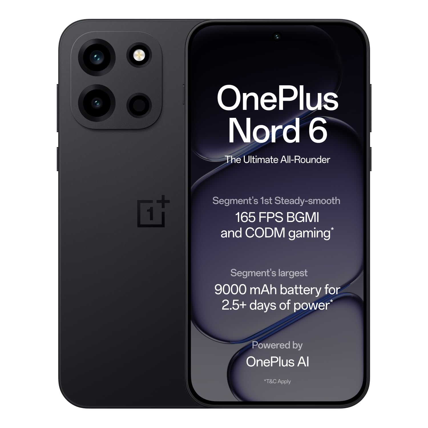 OnePlus Nord 6 | 8GB+256GB | Pitch Black | Snapdragon 8s Gen 4 | Segment's First Stable 165FPS Gaming | Segment's Largest 9000mAh Battery | Most Complete IP Rating | Personalized AI