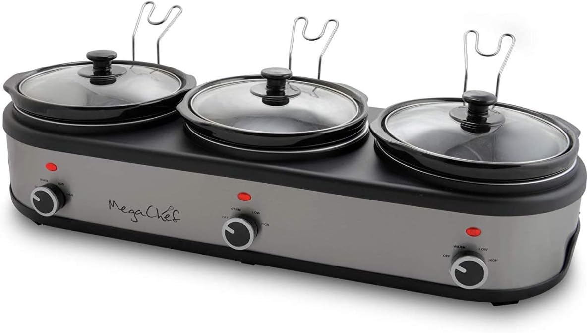 MegaChef MC-1203 Triple 2.5 Quart Slow Cooker and Buffet Server in Brushed Silver and Black Finish with 3 Ceramic Cooking Pots and Removable Lid Rests: Kitchen & Dining