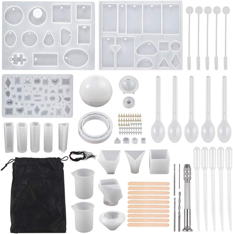 Tanice 124 Pieces Resin Molds Including 21pcs Resin Molds, Screw Eyes, Stirrers, Spoons, Droppers, Measuring Cups, Manual Twist Drill, Necklace Lines with a Storage Bag for DIY Jewelry Craft Making