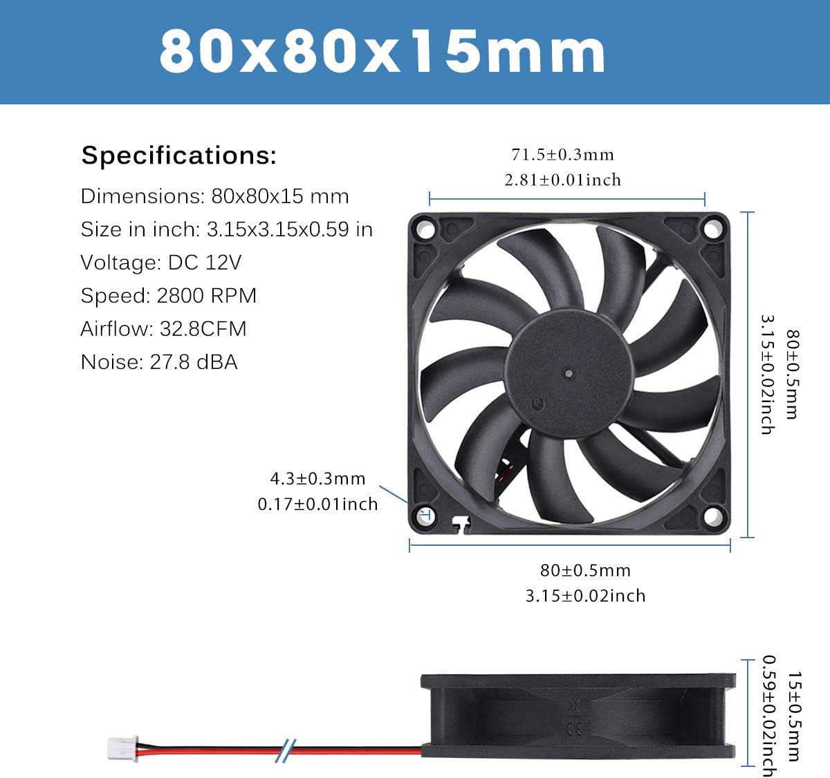 GDSTIME 12V 80mm Fan 80 x 15mm PC Cooling Fan 2Pin 8CM Small Case Cooler 2800 RPM Axial Cooling For Router Game Console Cabinet DVR Exhaust Ventilation Replacement - Image 3