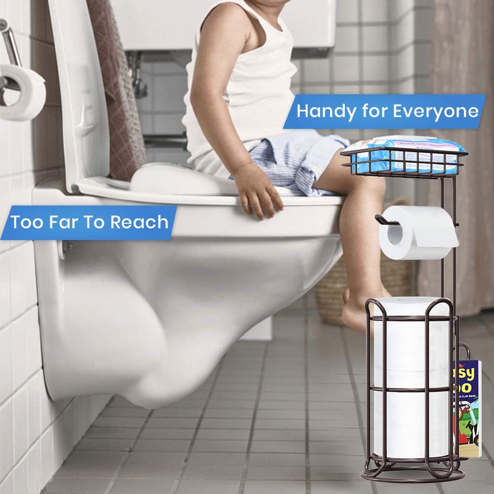 [Upgrade] Toilet Paper Holder Stand with Shelf Tissue Holders for Bathroom FreeStanding Bath Tissue Roll Holder for Mega Rolls/Phone/Wipe/Magazine-Bronze: Kitchen & Dining
