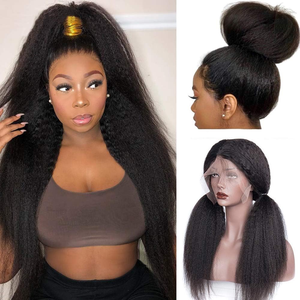 XSZM Hair Kinky Straight Wigs for Black Women 150% Density Remy Hair 13x6 Yaki Lace Front Wig Human Hair Italian Lace Wigs With Baby Hair pre plucked Glueless Natural Color Wig(20 Inch)
