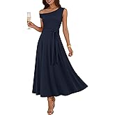 ZESICA Womens Summer One Shoulder Cocktail Maxi Dress 2026 Formal Sleeveless Flowy Wedding Guest Party Dresses with Belt