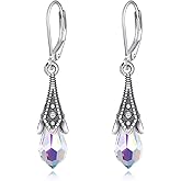 Aurora Borealis Crystal Earrings 925 Sterling Silver Vintage Retro Oxidized Dangle Leverback Earrings with 11mm Teardrop Austrian Crystal Birthday Jewelry Gifts for Women