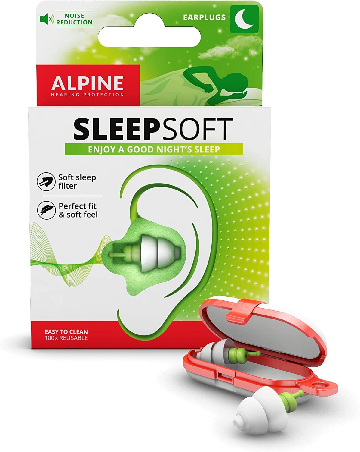 Alpine SleepSoft Ear Plugs for Sleep - Ultra Soft Filter for Side Sleeper - Reduce Noises & Improve Sleep - Reusable, Hygienic, Hypoallergenic Hearing Protection for Adults with Long Lasting Comfort