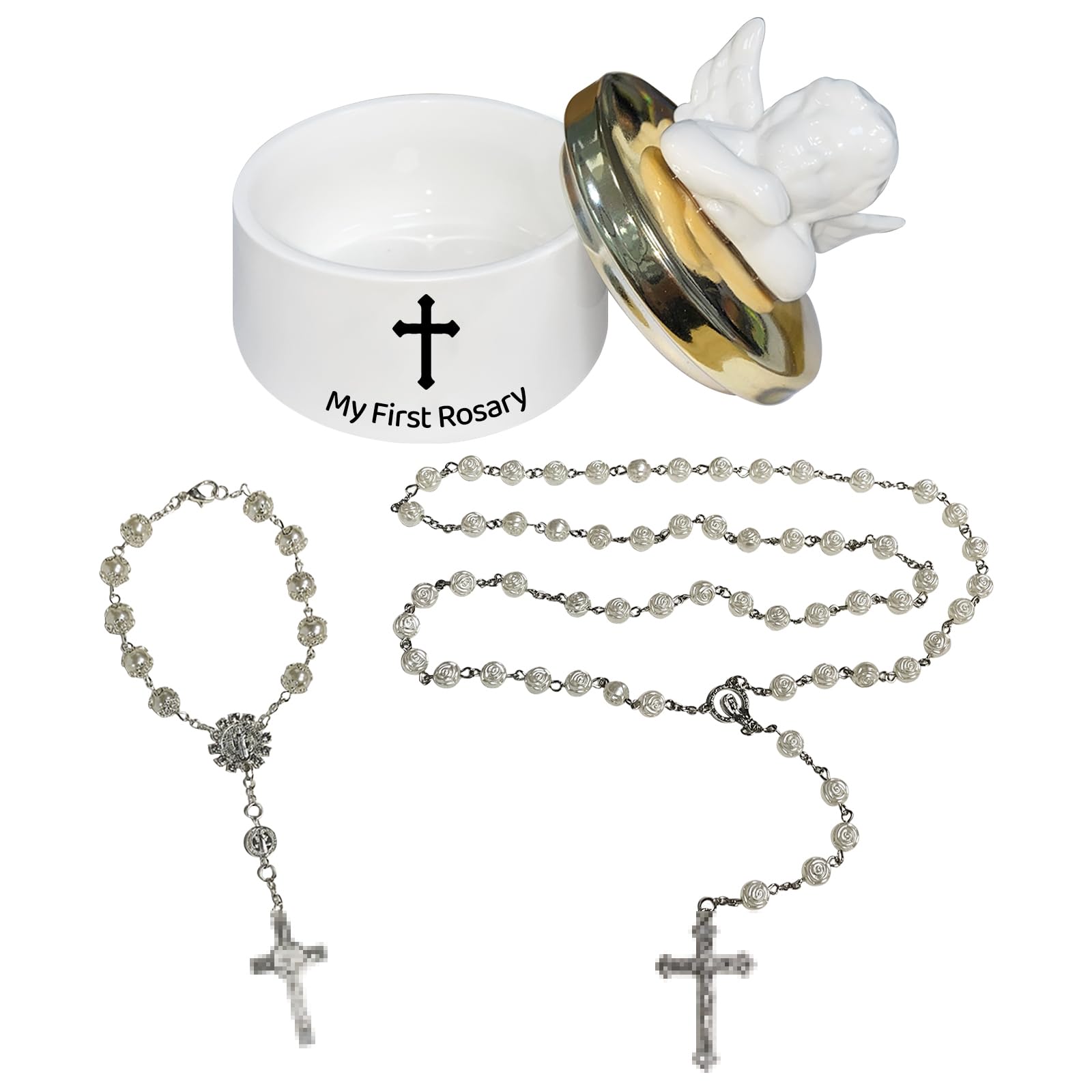 Photo 1 of My First Rosary with Ceramic Keepsake Box, Catholic Communion Gift, Baptism Rosary Gifts for Boys and Girls, Shower Rosary Beads, Used for Newborn Baptism Ceremony(White)