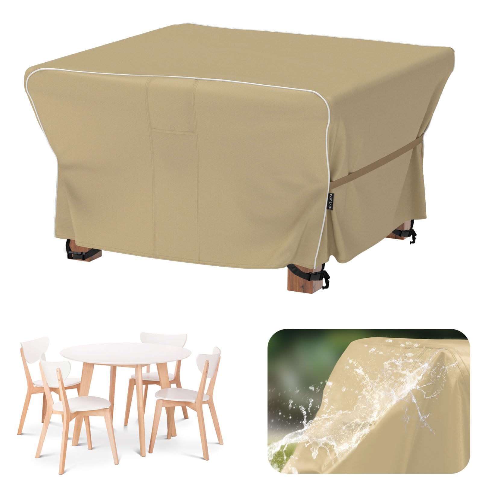 Velway Garden Furniture Covers Waterproof - 125x125x74cm Outdoor Square Table Cover Tear-Resistant with Reflective Strip Air Vent 600D Windproof Anti-UV for Outside Patio Rattan Furniture Set - Khaki
