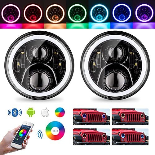 LED Headlights For Jeep Wrangler DOT Approved 7" RGB Halo JK Rubicon Sahara Car Accessories Parts Round Shape Black Angel Eyes Lights Bluetooth Phone APP Controlled 2007-2018 (LDMT-002)