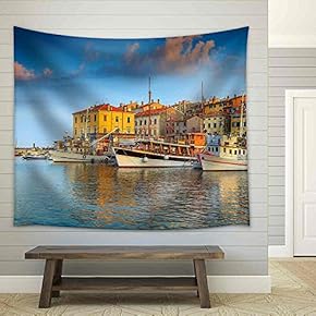 Beautiful Romantic Old Town of Rovinj and Famous Fishing Harbor with Magical Sunset,Istrian Peninsula,Croatia,Europe - Fabric Wall Tapestry Home Decor - 51x60 inches