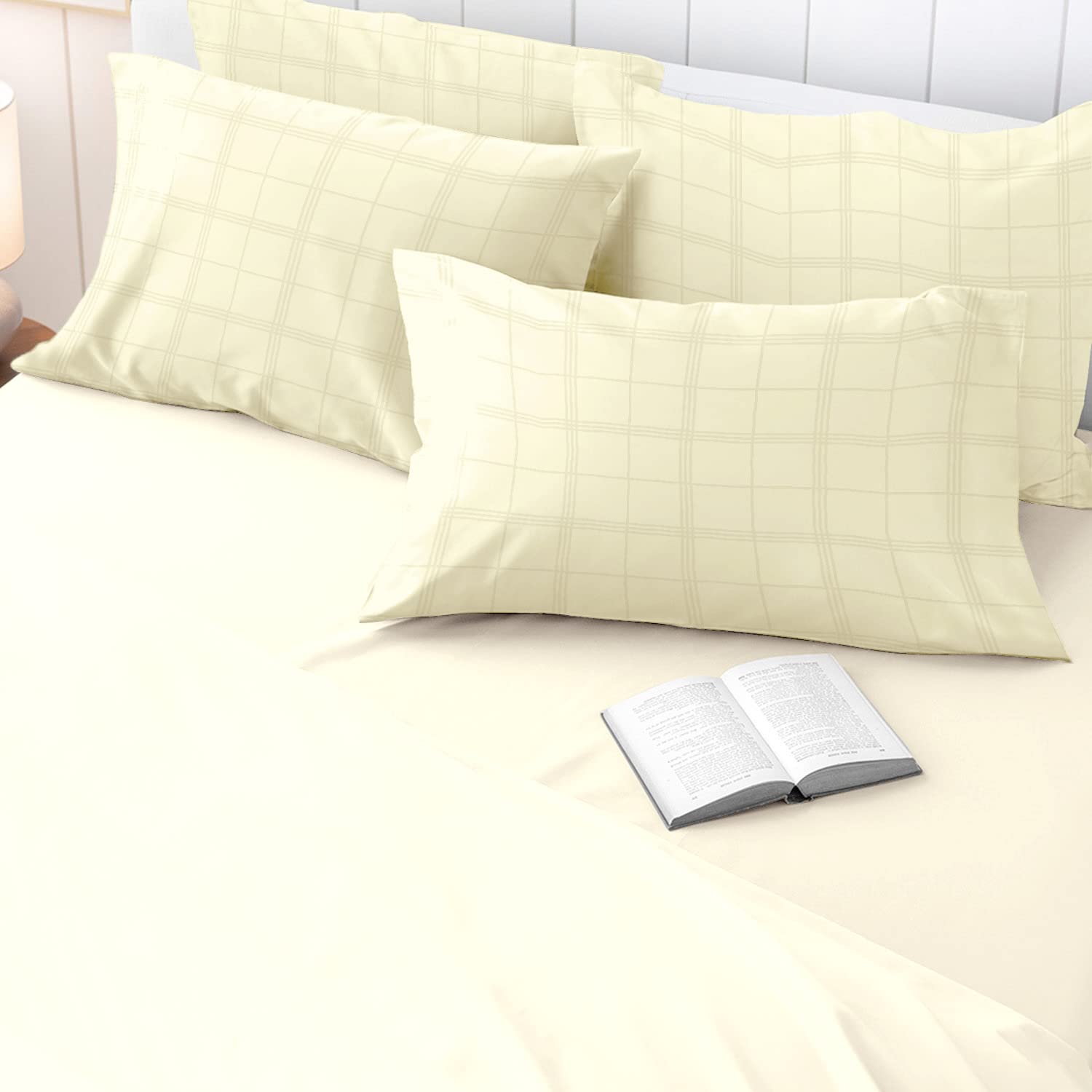 Pizuna 100% Cotton Cream Big Checks Housewife Pillowcases 2 Pack, 300 Thread Count Long Staple Combed Cotton Checked Bedding, Sateen Damask Bedding Pillow Case 48x74 (Cream Pillow Cases 2 Pack) - — image 1