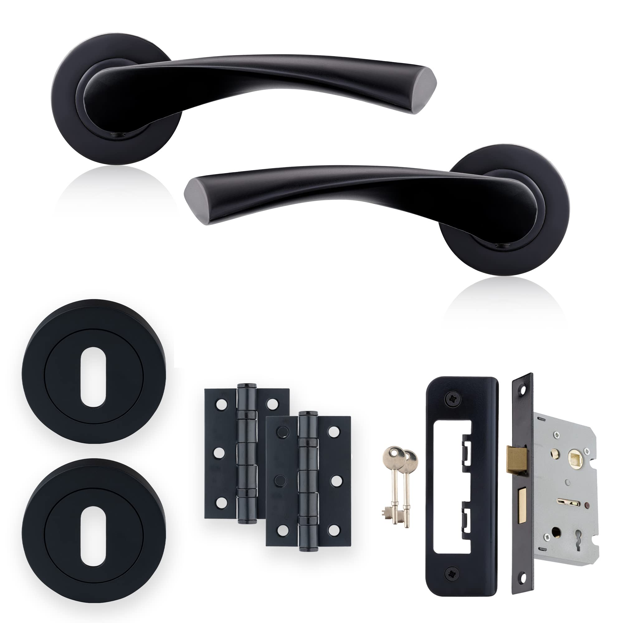 XFORT Matt Black Warped Lever On Rose Lock Pack, with Ball Bearing Hinges, Escutheons & A Sashlock, Ideal for Internal Wooden Doors for Home and Office.