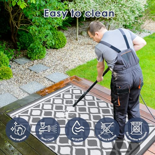 VK·LIVING Outdoor Rug for Garden Patios Waterproof 120X180cm Reversible Carpet Durable & UV Resistant Modern Outdoor Mat Portable Lightweight Area Patio Rugs for Balcony Camping Yard RV Grey&White