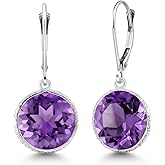 Gem Stone King 12.00 Cttw Round Amethyst 925 Sterling Silver Leverback Dangle Earrings For Women | Gemstone Birthstone | Round 12MM