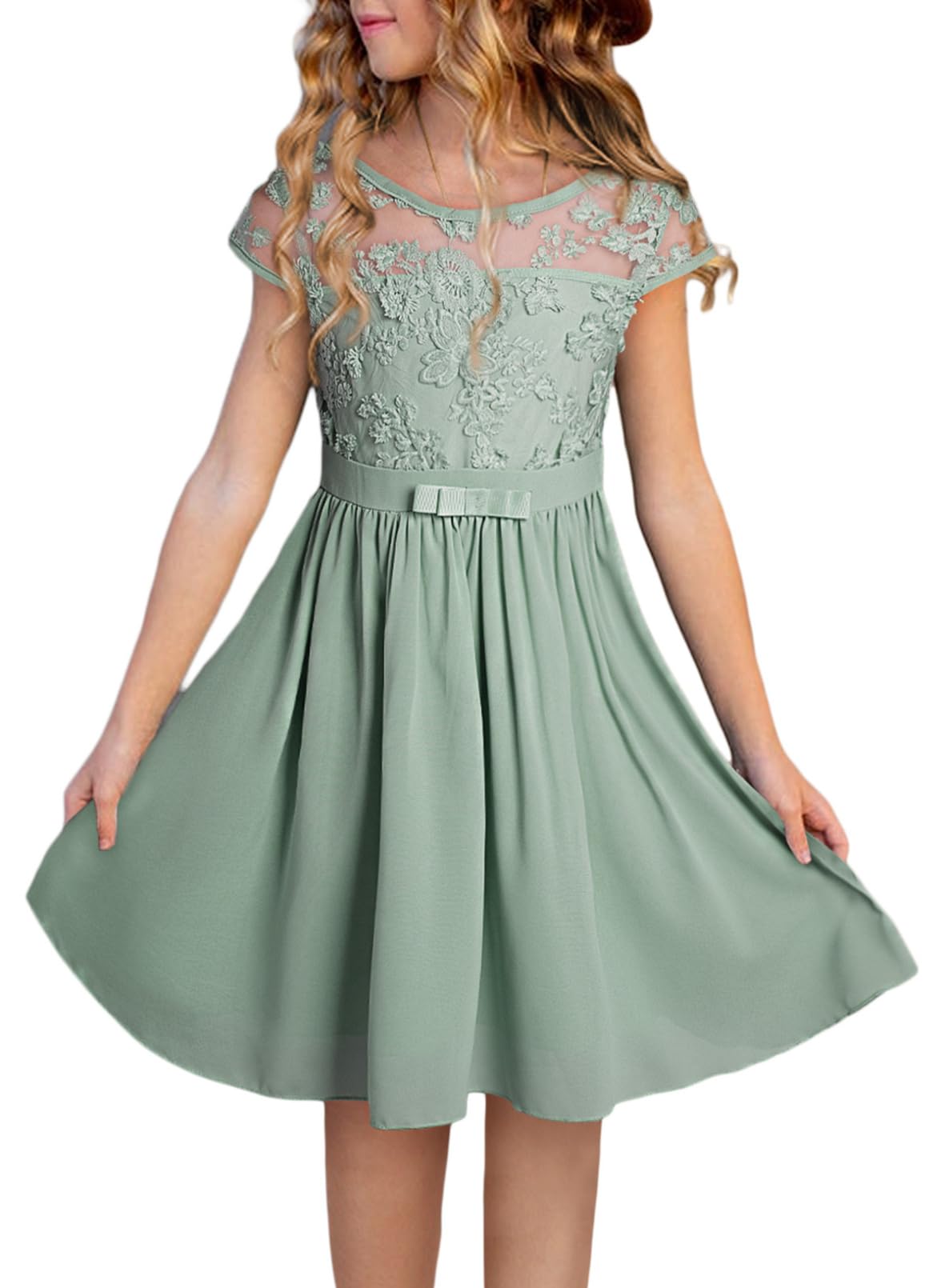 Photo 1 of blibean Girl Short Sleeve Dress Young Kids Summer Flower Lace Mesh Boho Fancy Wedding Guest Dresses Fashion Casual Party Clothes Size 10-11 Year Old Sage Green