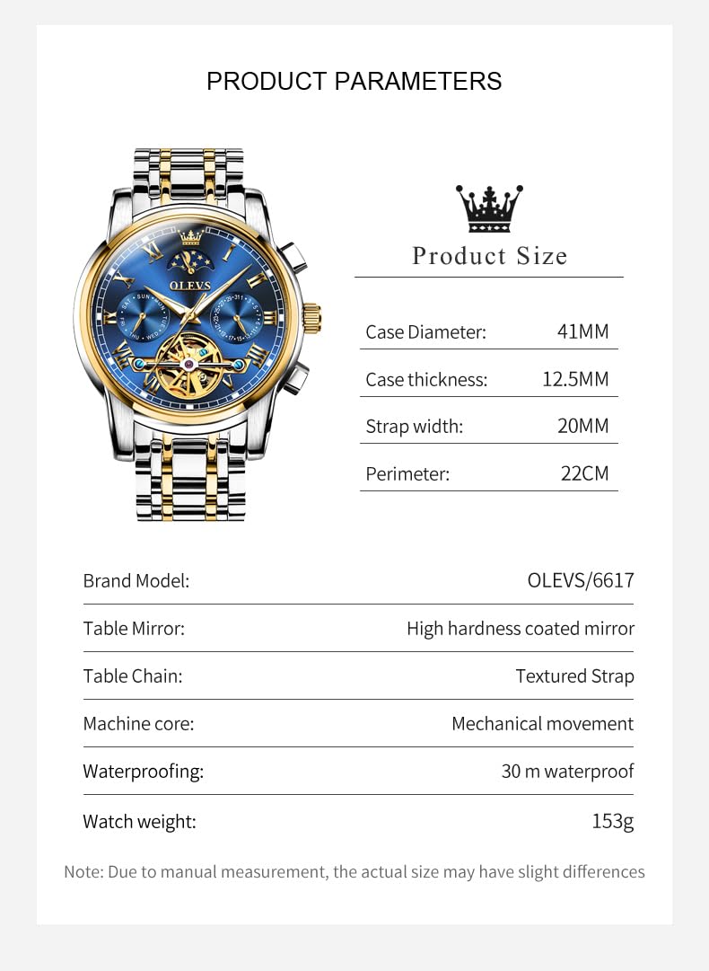 OLEVS Automatic Self-Winding Men's Watch With Date Day Calendar Display - Stainless Steel Skeleton Movement Tourbillon - No Battery Waterproof for Man