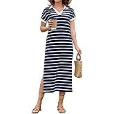 LOMON Women's Casual Vacation Dresses Striped Maxi Cruise Outfits Pocket Long Dress Summer Short Sleeve Split Dresses