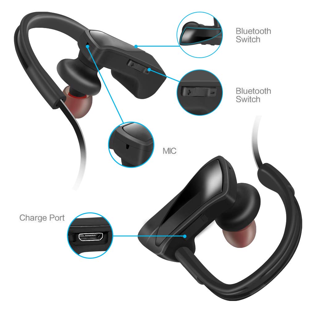 LEVREA Wireless Bluetooth Headphones Waterproof IPX7, Rechargeable HiFi Stereo Earbud Earphones with Mic, Working More Than 6 Hours
