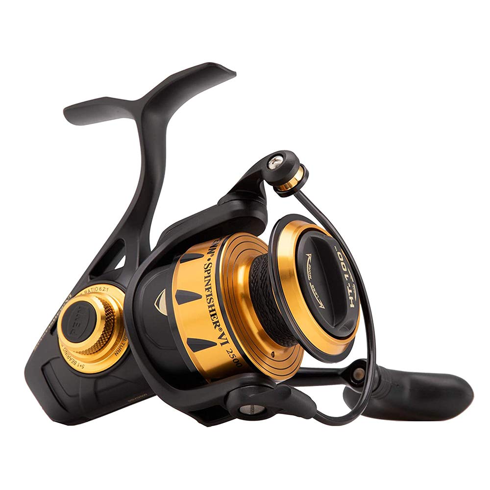 PENN Spinfisher VI Spinning Reel, Fishing Reel, Sea - Inshore Fishing, Sea Fishing Reel With IPX5 Sealing That Protects Against Saltwater Ingression, Caters for different species, Black / Gold, 2500