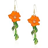 Just Follow Summer Beach Flower Tassel Earrings for Women Boho Long Flower Dangle Floral Petals Drop Earring for Statement Vacation With Green Leaf