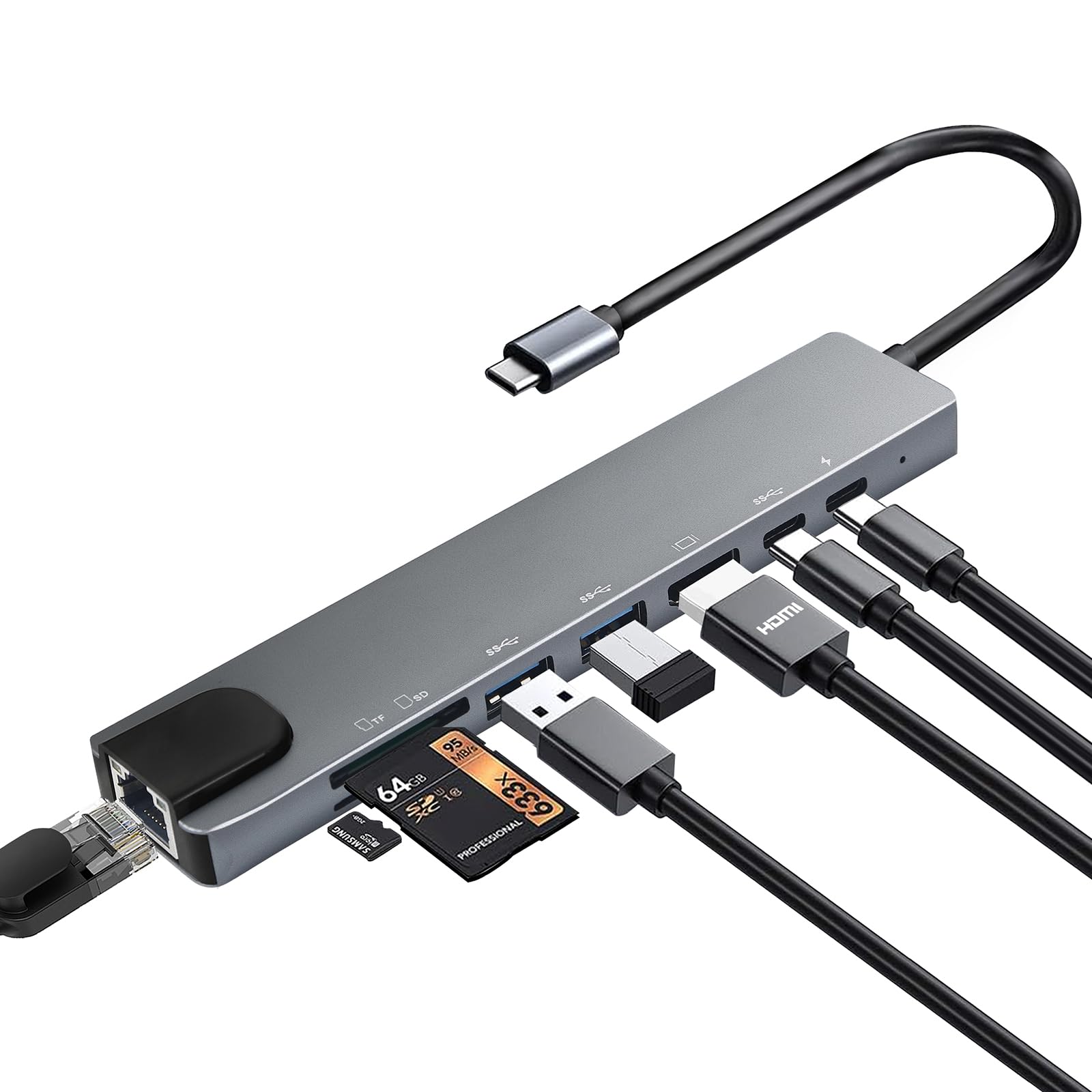 Photo 1 of USB C Hub Multiport Adapter, 8 in 1 USBC Dongle with 4K HDMI, RJ45 Ethernet, 100W PD Charging, USB 3.0, SD/TF Card Reader, USB-C Docking Station for MacBook Pro/Air, Dell, HP and Other Type C Devices