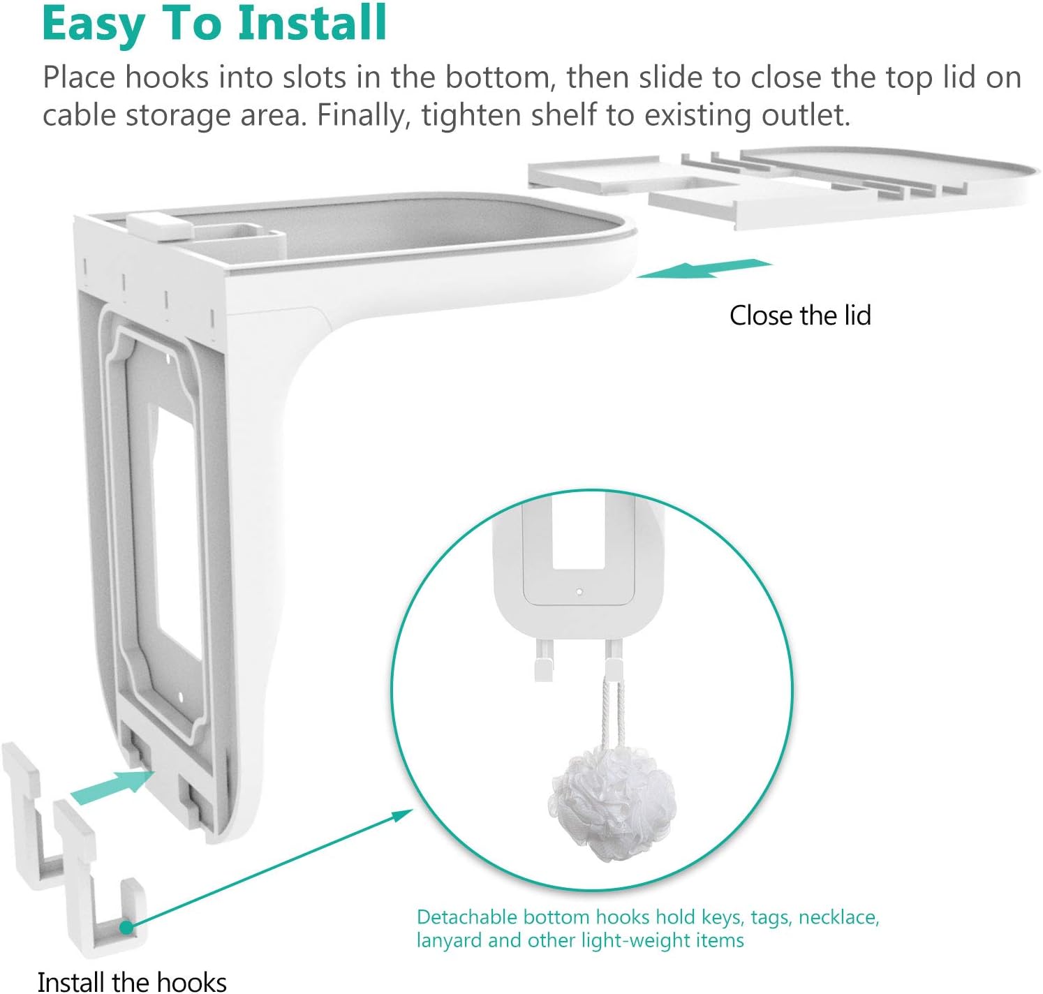 WALI Wall Bathroom Shelf Standard Vertical Duplex GFCI Décor Outlet Charging for Cell Phone, Dot, Google Home, Speaker up to 20lbs with Cable Management and Detachable Hooks (OSH001-W), White: Home & Kitchen