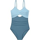 WIQI Girls Swimsuit One Piece Bathing Suit Twist Front Cutout Adjustable Straps Ruched Girls' Swimwear Size 9-16