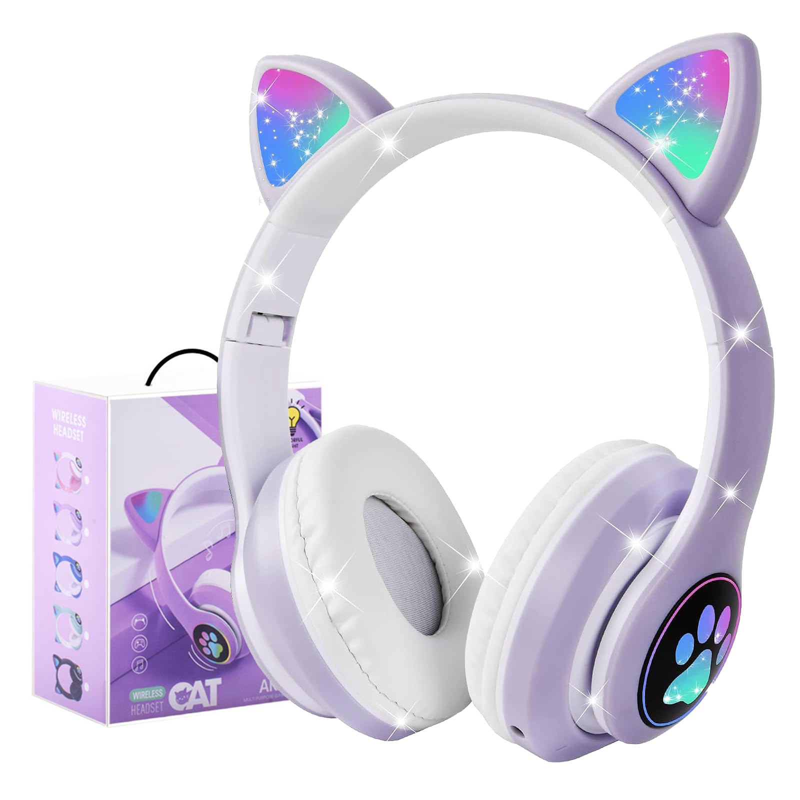 Megadream Wireless Headphones for Kids, Cat Ear Foldable Bluetooth Earphones Flashing LED Light Up Over Ear Headset with Microphone for iPhone/iPad/Tablet, for Girls Boys Gift Age 8+ (Purple)