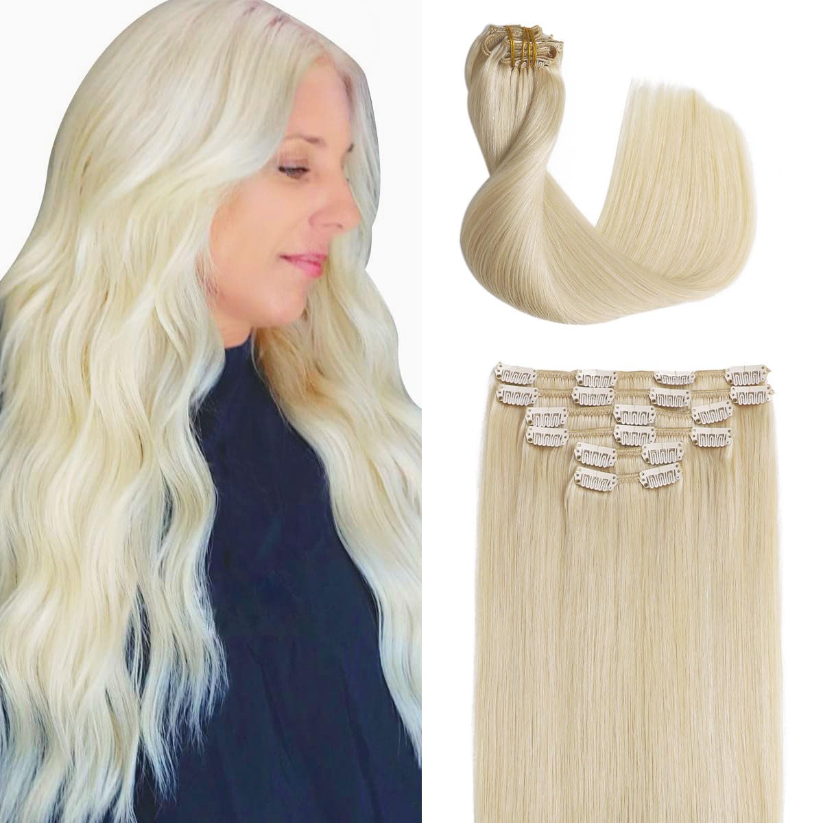 Sindra Clip in Hair Extensions Human Hair 22 Inch Platinum Blonde Double Weft Clip in Extensions 6 Pieces 120g #60 22" — image 1