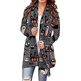 Women's Halloween Pumpkin Cat Print Knitting Cardigan Long Sleeve Open Front Knitted Sweater Outwear Coat Tops (Deep Gray