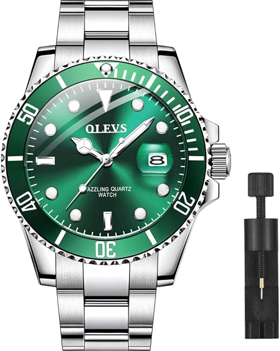 Amazon Olevs 腕時計 メンズ ブラック グリーン 精密 クォーツウォッチ 防水 ステンレススチール シルバーストラップ メンズ ファッションウォッチ サファイアミラー グリーン メンズ腕時計 腕時計 通販