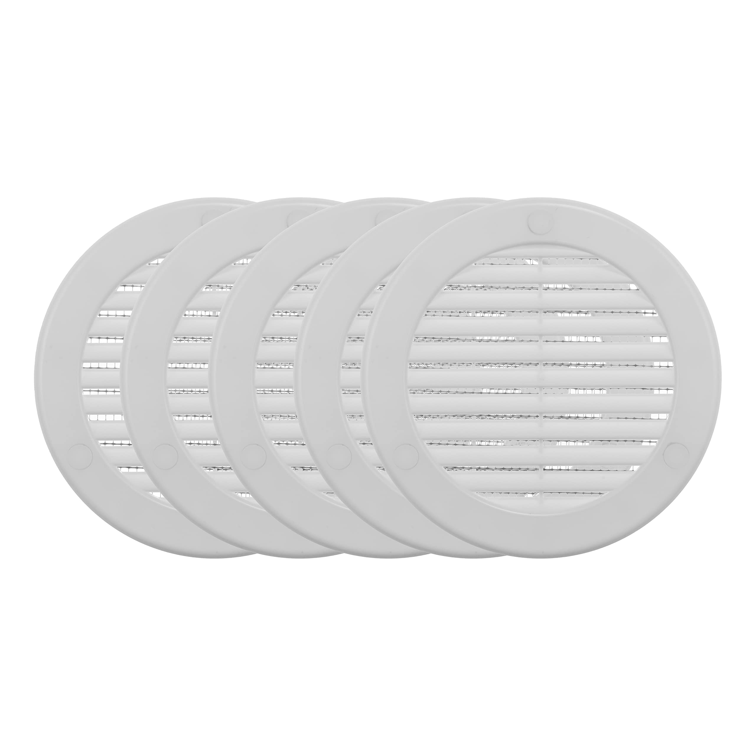 Vent Systems 100 mm / 4" Inch (Opening Dimensions) - Pack of 5 - White Soffit Vent Cover - Plastic Round Air Vent Grille - Built-in Mesh Screen - HVAC Register Louver for Bathroom, Home, Kitchen