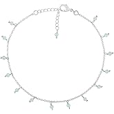 CRYSTALINES Natural Aquamarine Gemstone Beaded Anklets, Handmade Cluster Bohemian Jewelry, Hanging Dangling Ankle Bracelet, Silver Adjustable Simple Anklet, Gift for Women (9+1.50 inch)