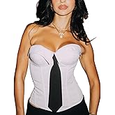 GIYKBX Women's Strapless Corset Top Sexy Office Chic Preppy Bustier with Satin Tie Accent Trendy Streetwear