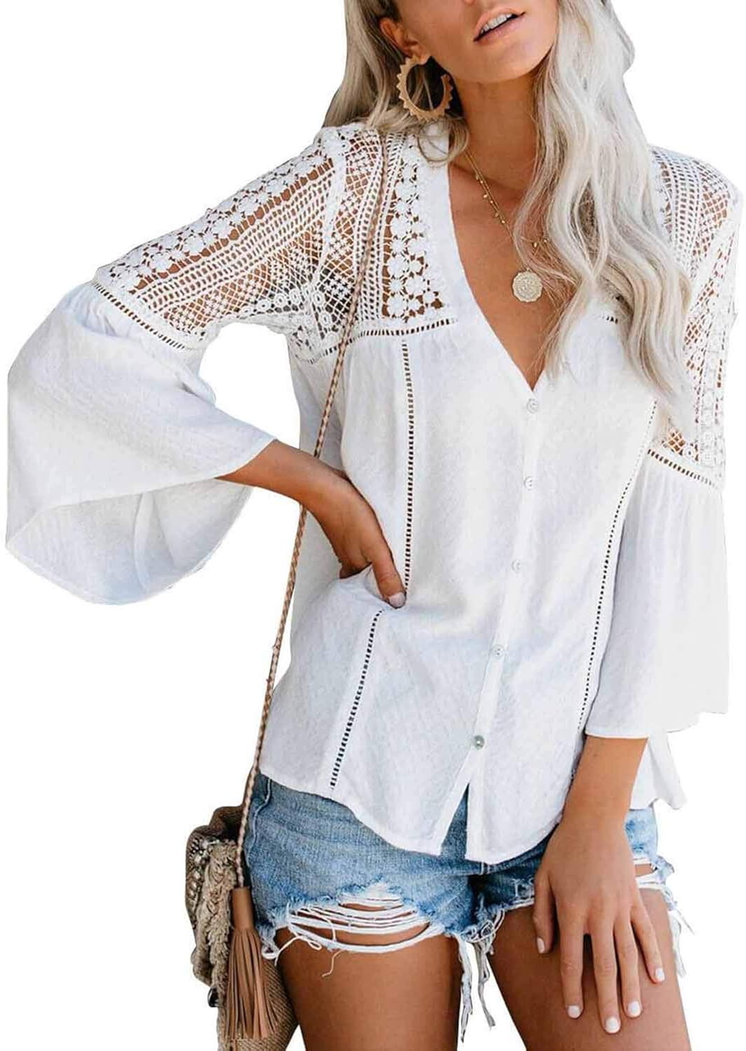 Biucly Womens Casual Solid V Neck Lace Crochet Button Down Bell Sleeve Shirts Tops Loose Blouses(S-XXL): Clothing