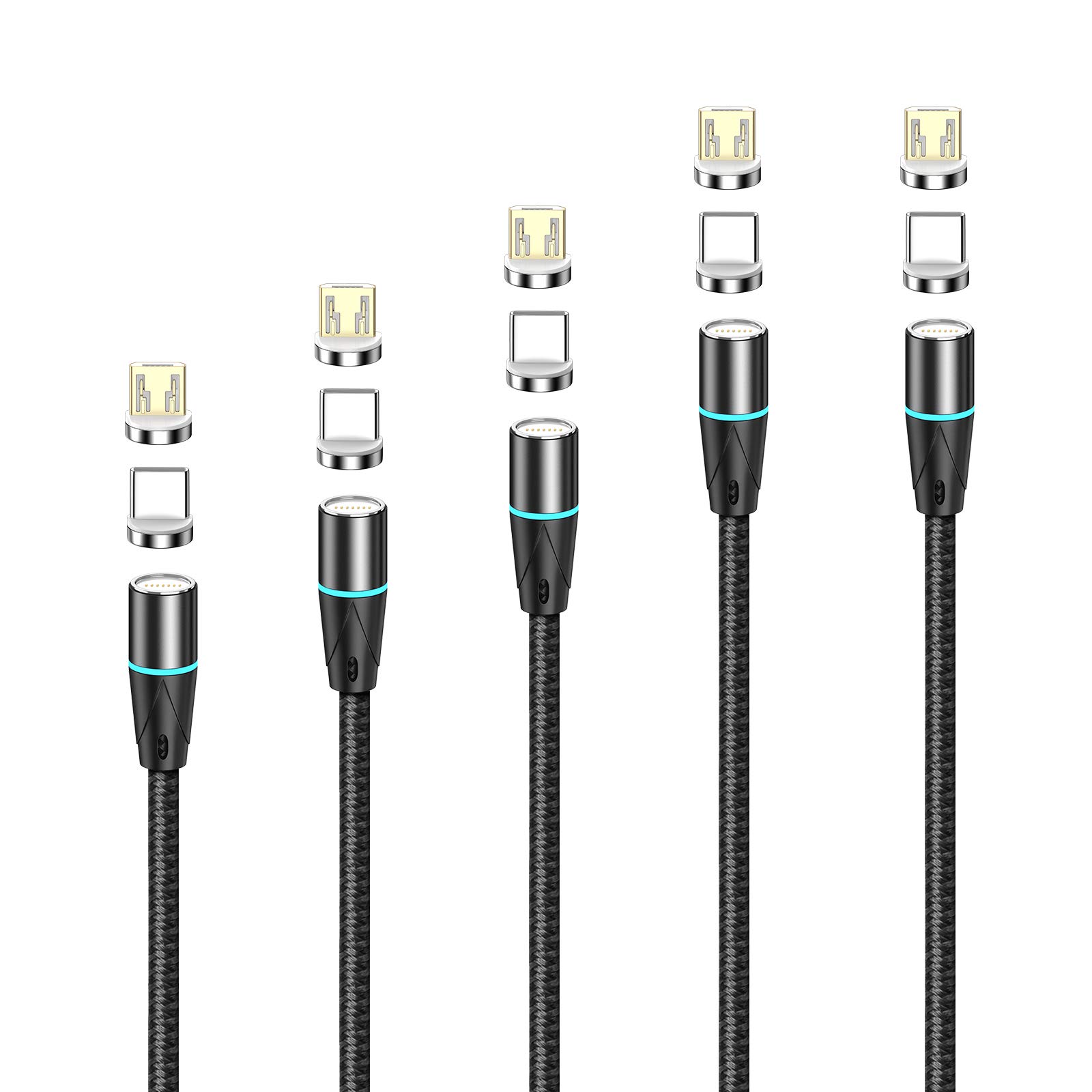 NetDot 12th Generation Magnetic Cable,Fast Charging and Data Transfer for Micro USB/USB-C Phones Come with 3 Connectors Each Cable(5 pack black,0.3m/1m/1.5m/2m/2m)